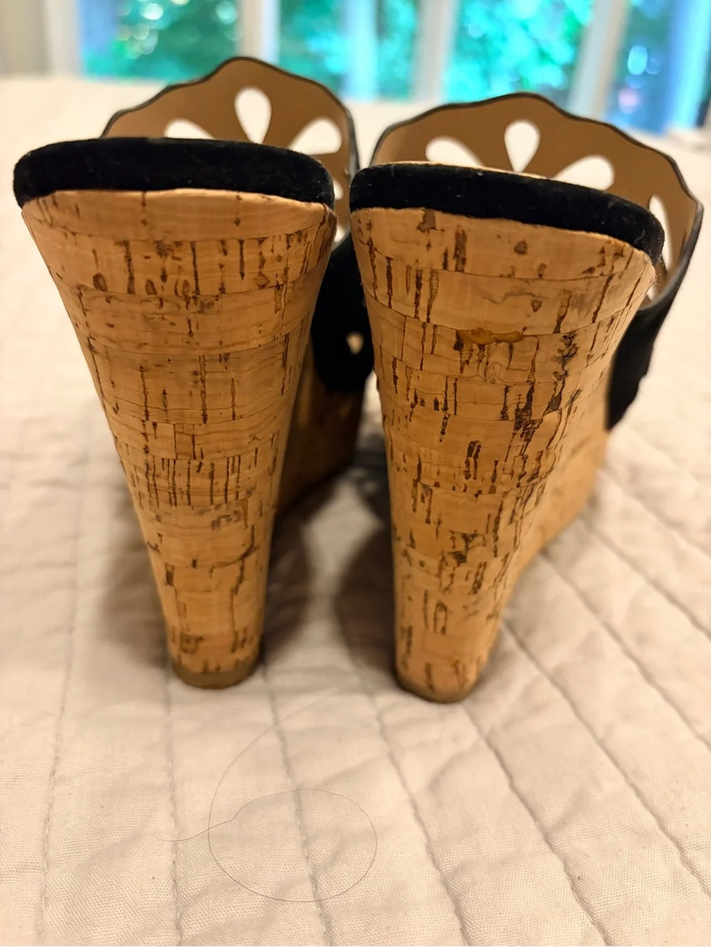 Charles David Black Cutout Cork Wedge Mules 8